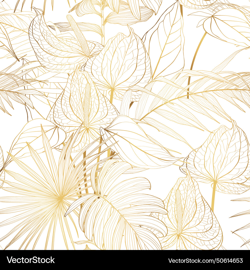 Golden Tropical Palm Leaves Pattern Vector Image
