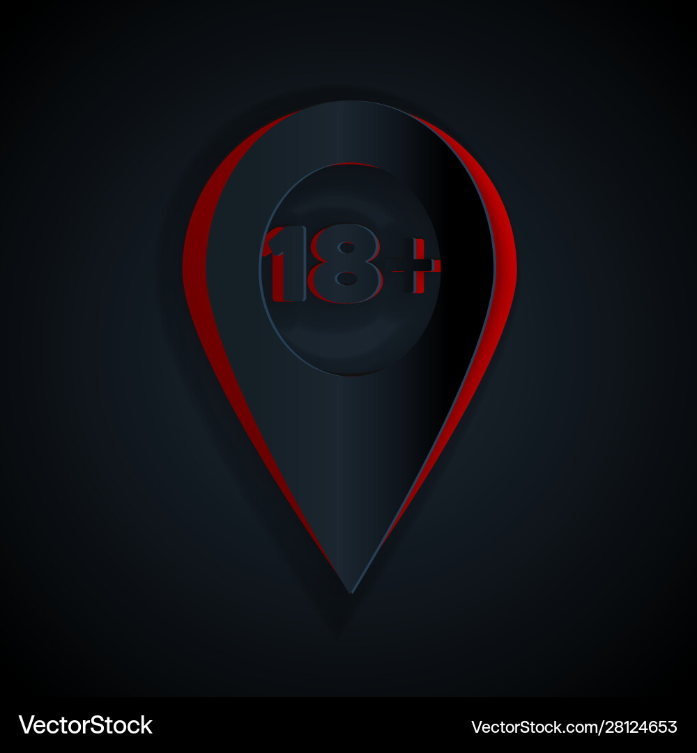 Paper cut map pointer with 18 plus icon isolated Paper cut map pointer with 18 plus icon isolated vector image