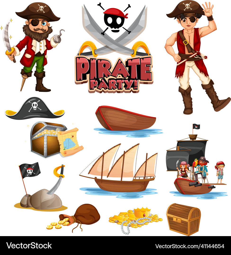 Set of pirate cartoon characters and objects Set of pirate cartoon characters and objects vector image