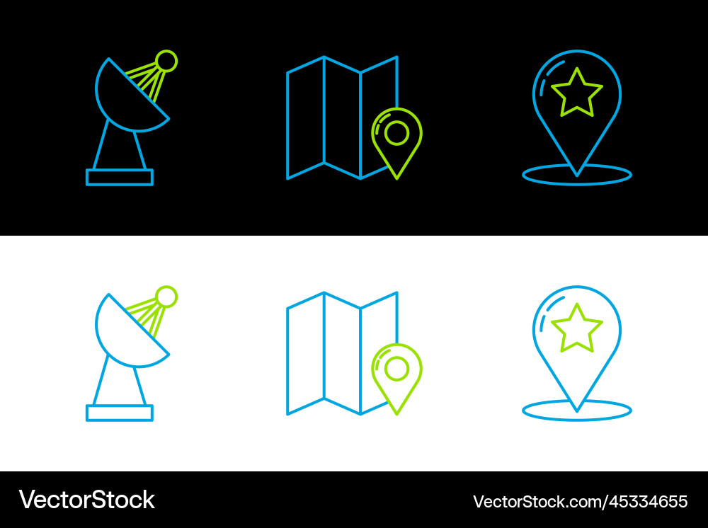 Set line map pointer with star radar and folded Set line map pointer with star radar and folded vector image