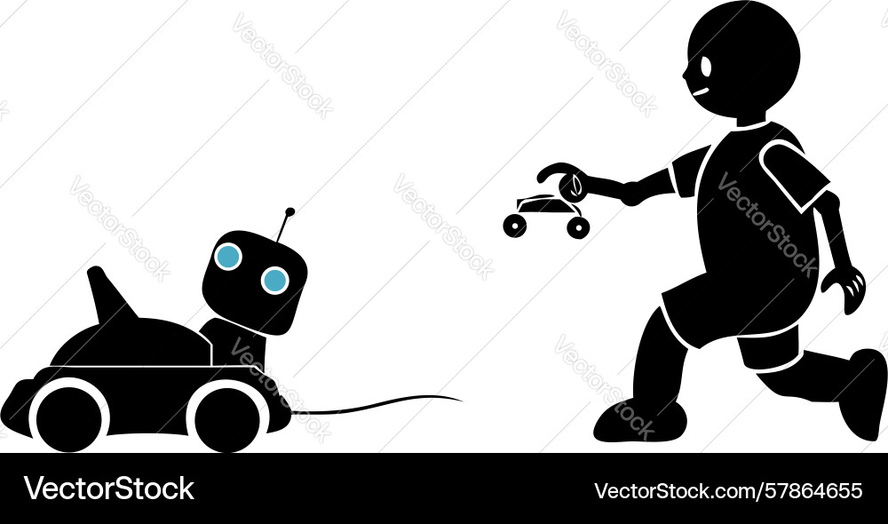 Silhouette of a child with toy robot exploring vector image