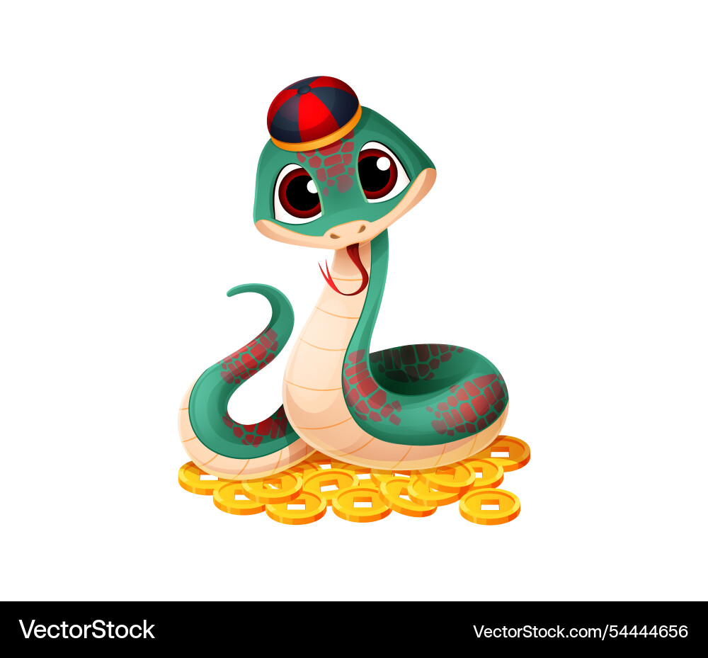 Cartoon snake character with sitting on gold coins Cartoon snake character with sitting on gold coins vector image