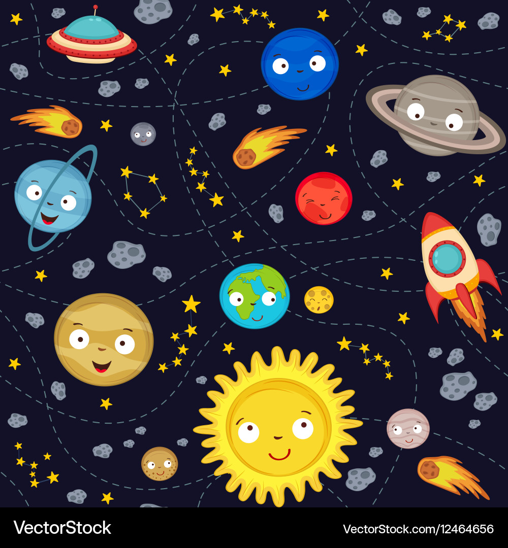 Cute Cartoon Solar System Pattern vector image