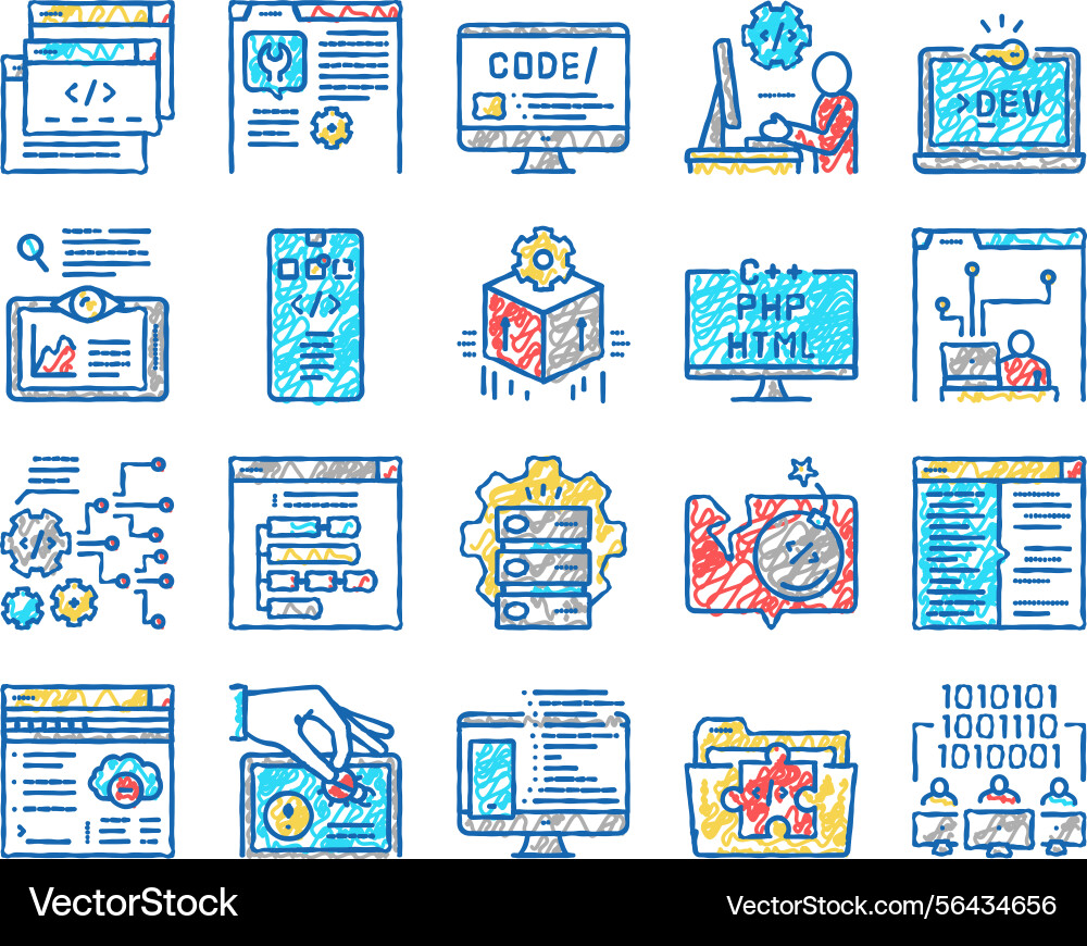 Dev code occupation set icons hand drawn Dev code occupation set icons hand drawn vector image