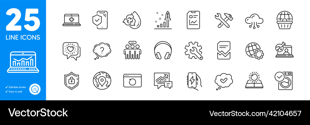 Outline icons set globe web analytics and phone Outline icons set globe web analytics and phone vector image