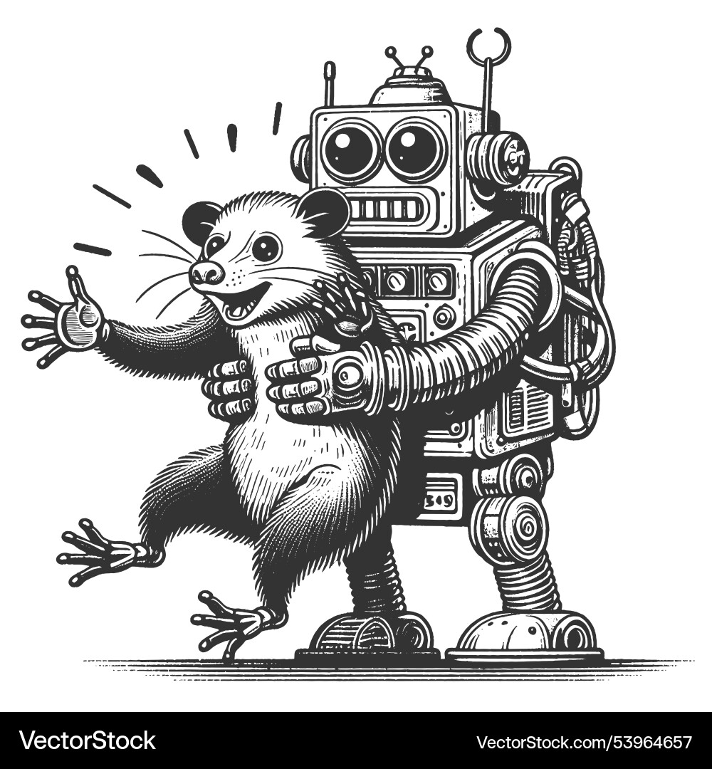 Robot hugging surprised opossum Robot hugging surprised opossum Vector Image