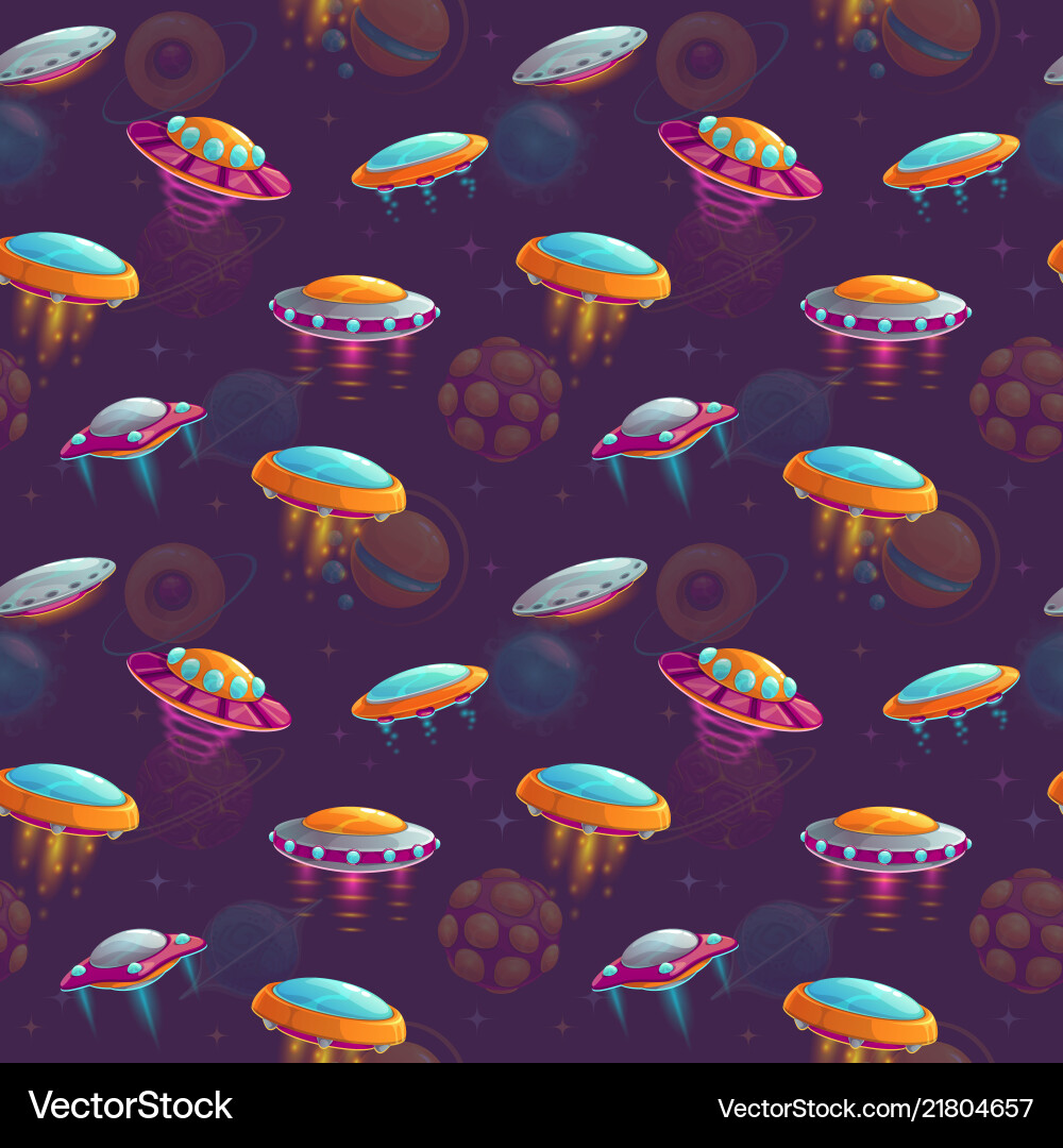 Seamless cosmic pattern with colorful cartoon ufos vector image