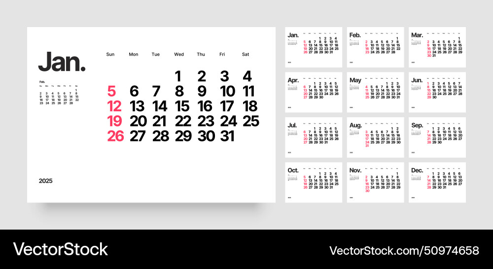Monatlicher Kalender für 2025 Jahre beginnt am Sonntag Monatlicher Kalender für 2025 Jahre beginnt am Sonntag vektorbild