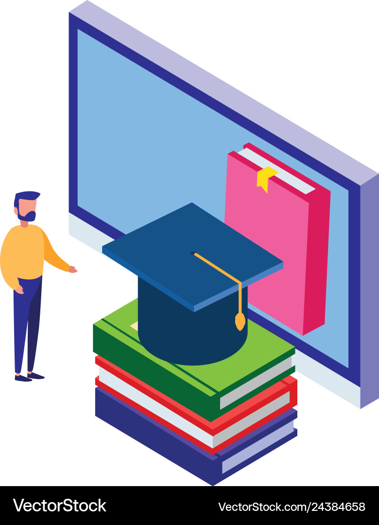 Pile text books with desktop and minipeople Pile text books with desktop and minipeople vector image