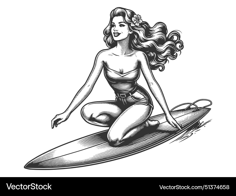Pin-up Mädchen Surfing Gravur Pin-up Mädchen Surfing Gravur vektorbild
