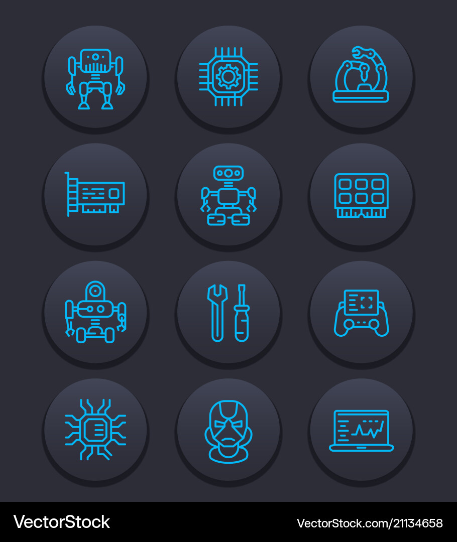 Robotics mechanical engineering robots icons Robotics mechanical engineering robots icons vector image