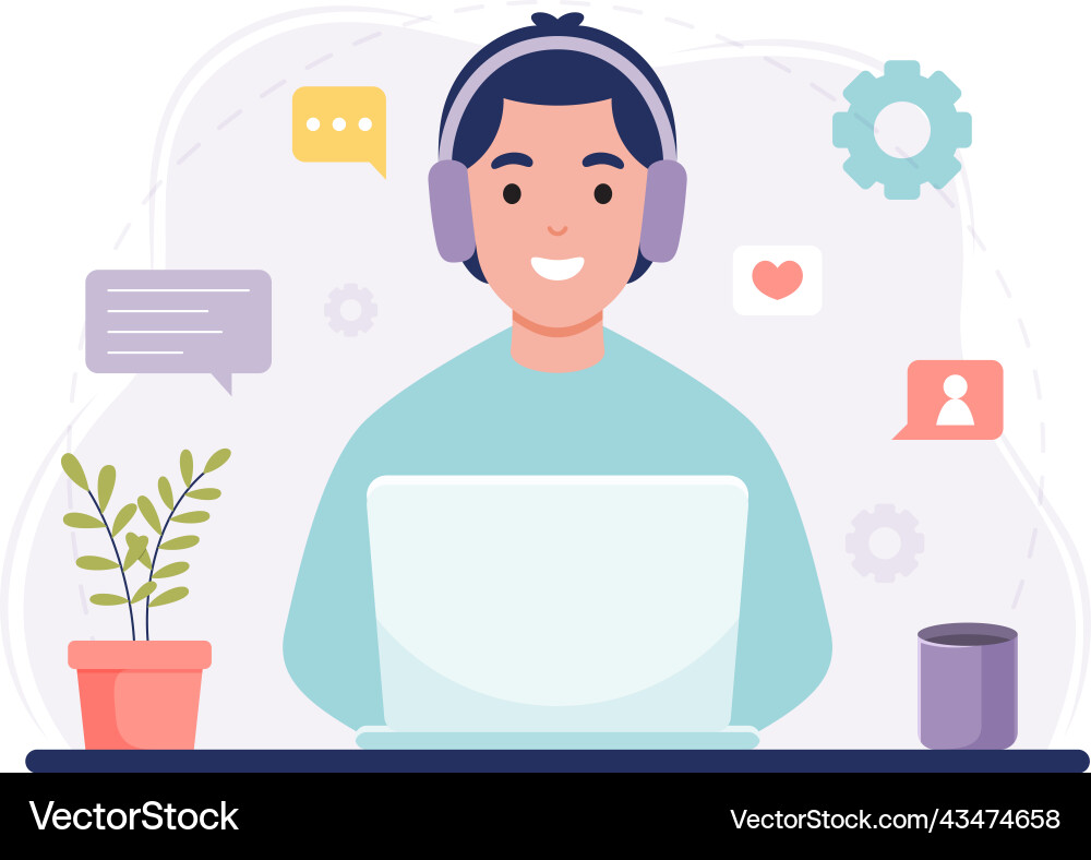 Young worker use computer and internet during Vector Image