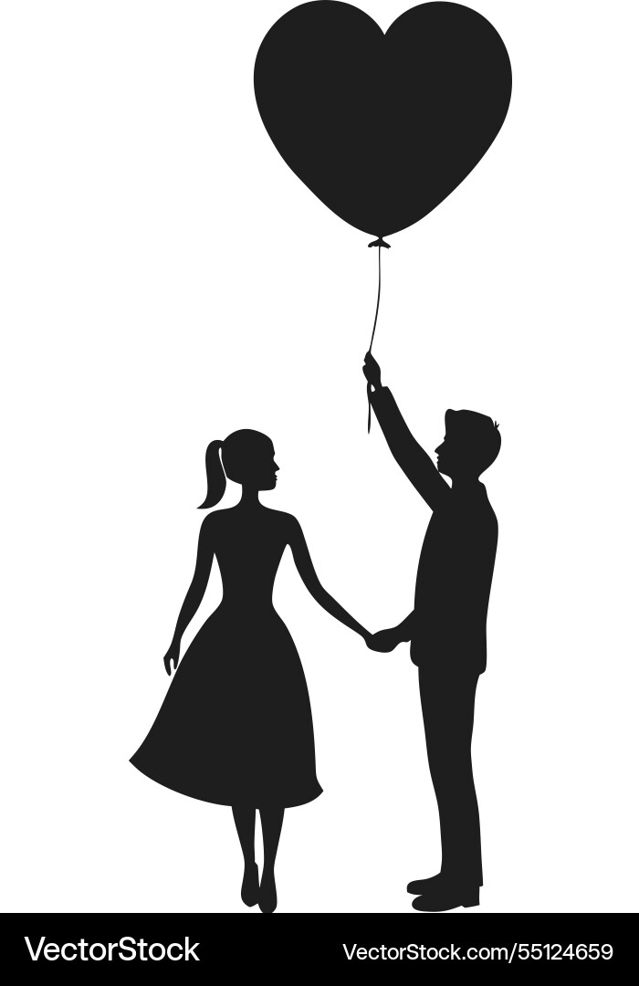 Romantic couple silhouette with heart balloon Romantic couple silhouette with heart balloon vector image