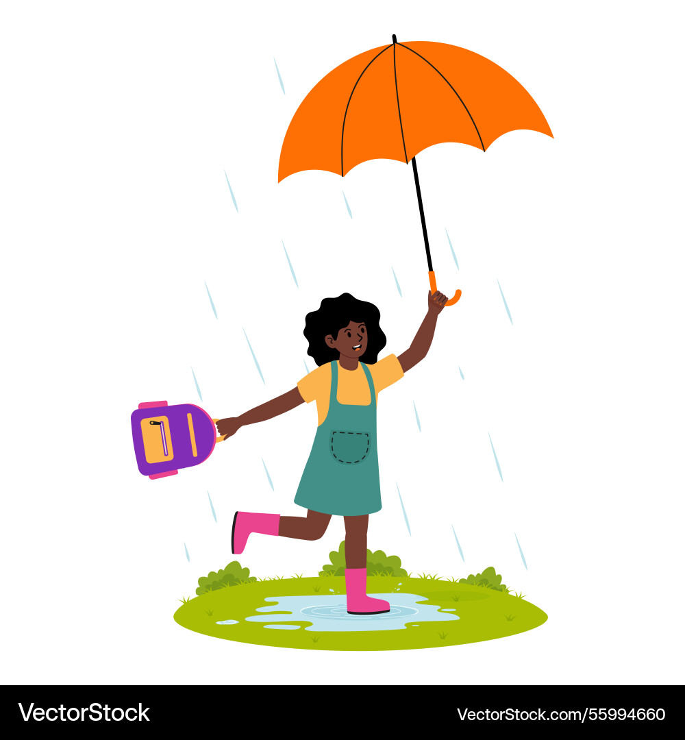 Child playing in rain with umbrella and backpack Vector Image