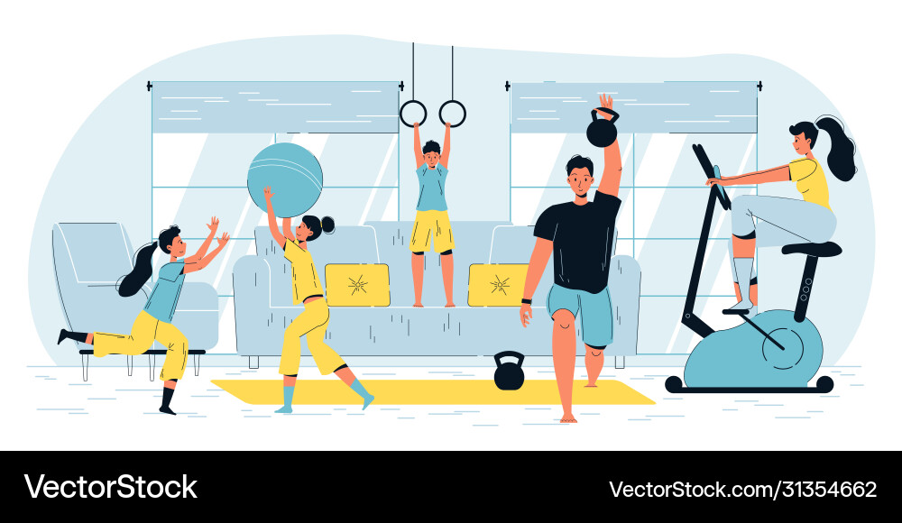 Glückliche aktive Familiensport-Workout zu Hause Aktivitäten Glückliche aktive Familiensport-Workout zu Hause Aktivitäten vektorbild