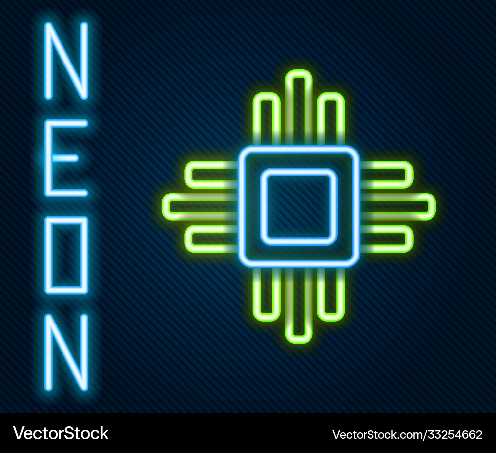 Glowing neon line computer processor Glowing neon line computer processor vector image