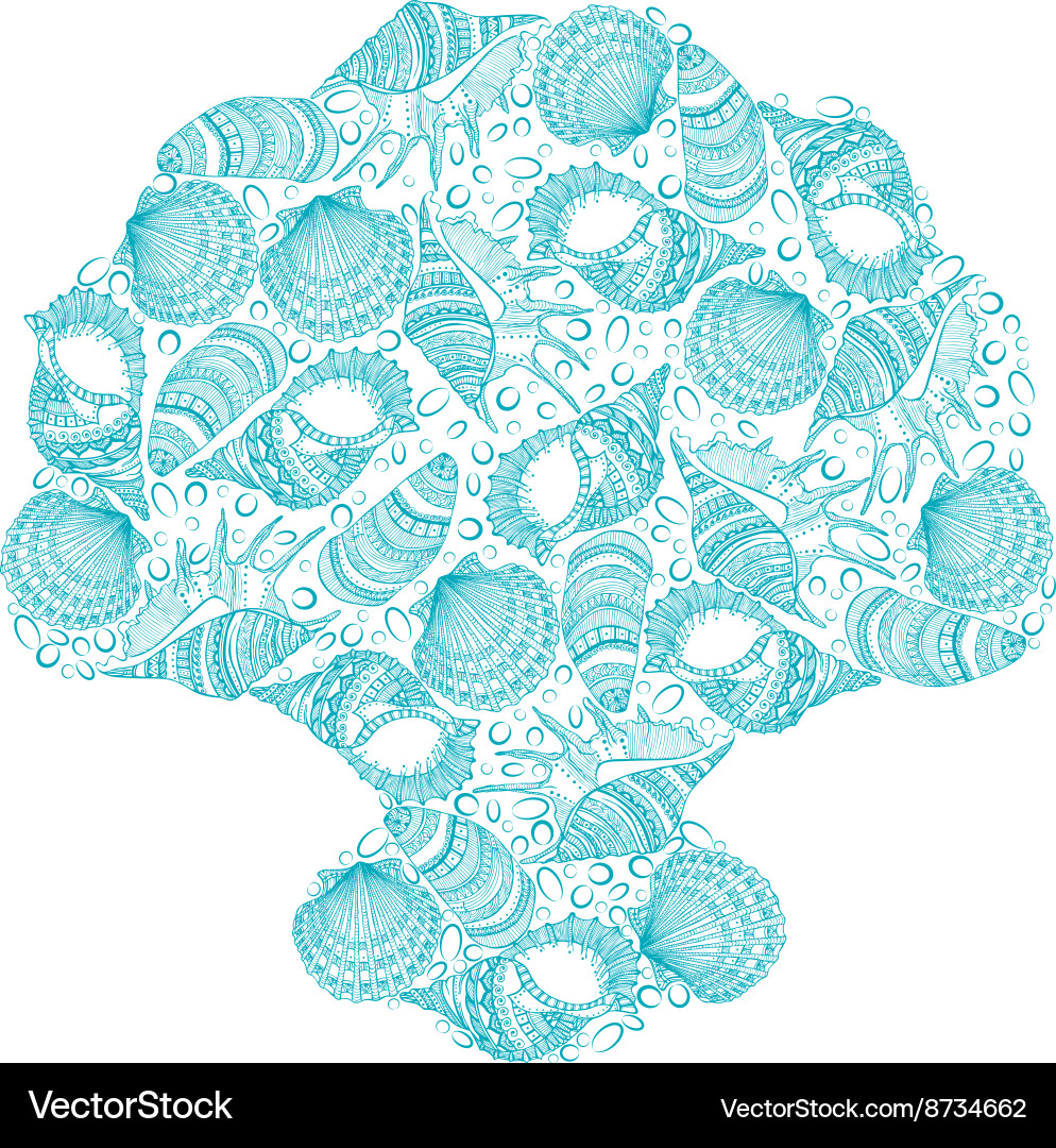 Seashells background in the shape of a seashell Vector Image