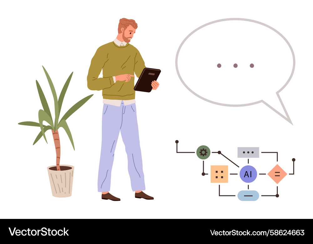 AI Flowchart Analysis - Man with Tablet Vector Image