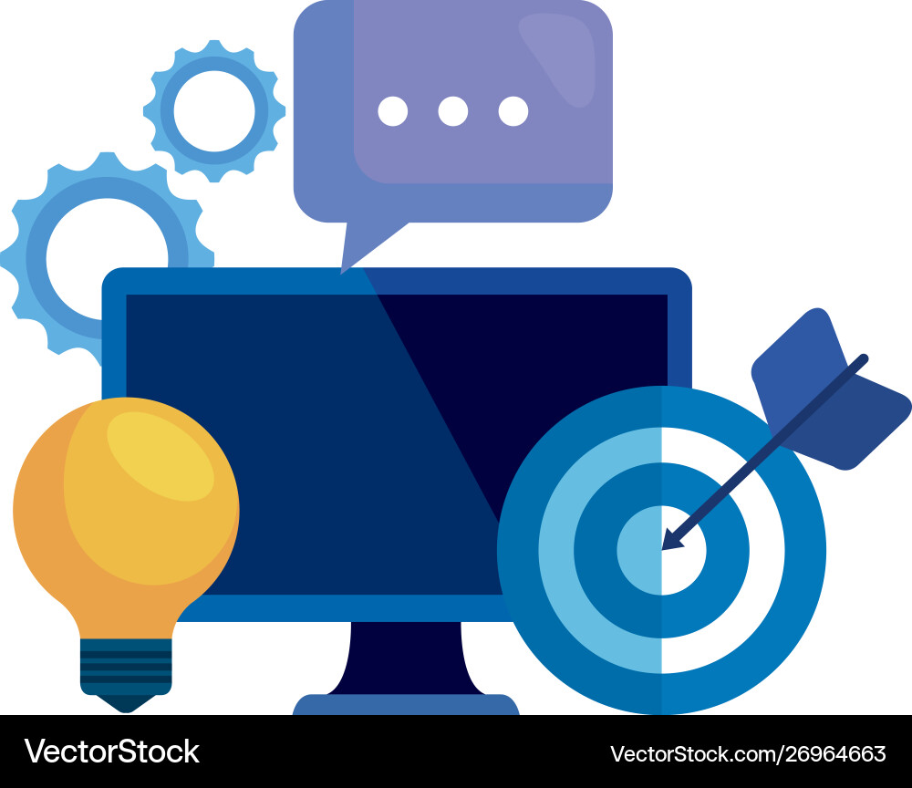 Desktop computer with bulb and target vector image