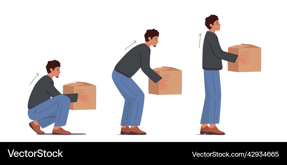 Correct lift of heavy box concept man stand up Correct lift of heavy box concept man stand up Vector Image