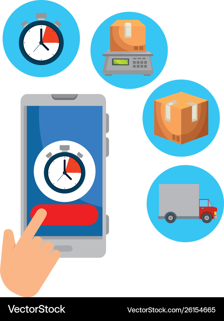 Hand using smartphone with delivery app and icons Hand using smartphone with delivery app and icons vector image