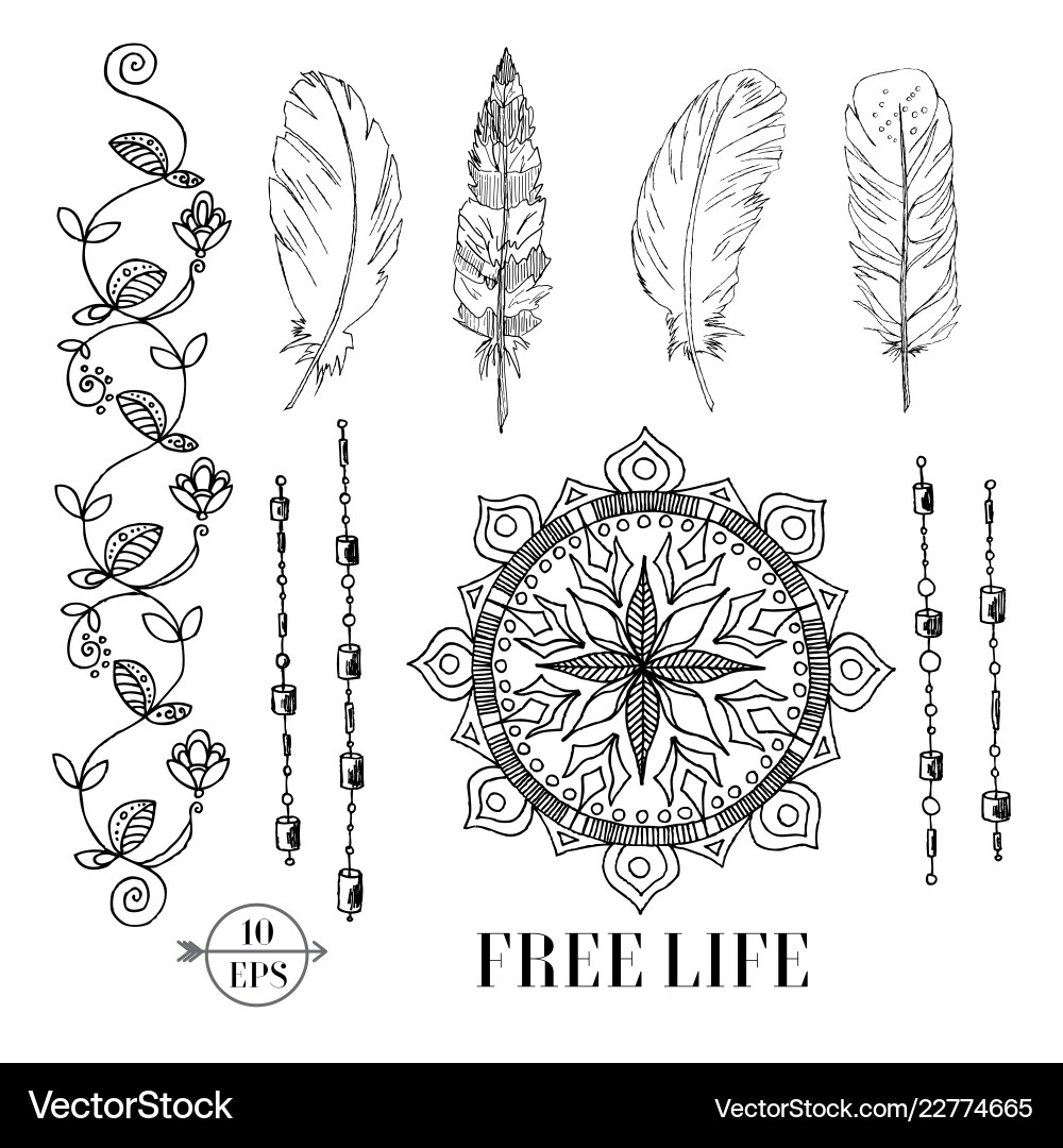 Set flower ribbon mandala feathers boho Set flower ribbon mandala feathers boho vector image