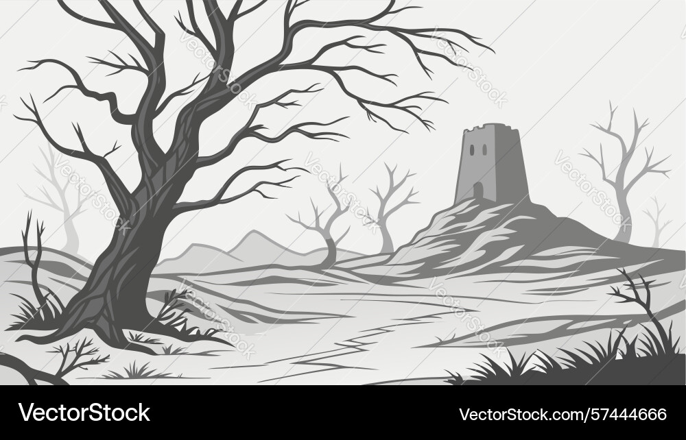 Ancient tree and ruined tower design generative Vector Image