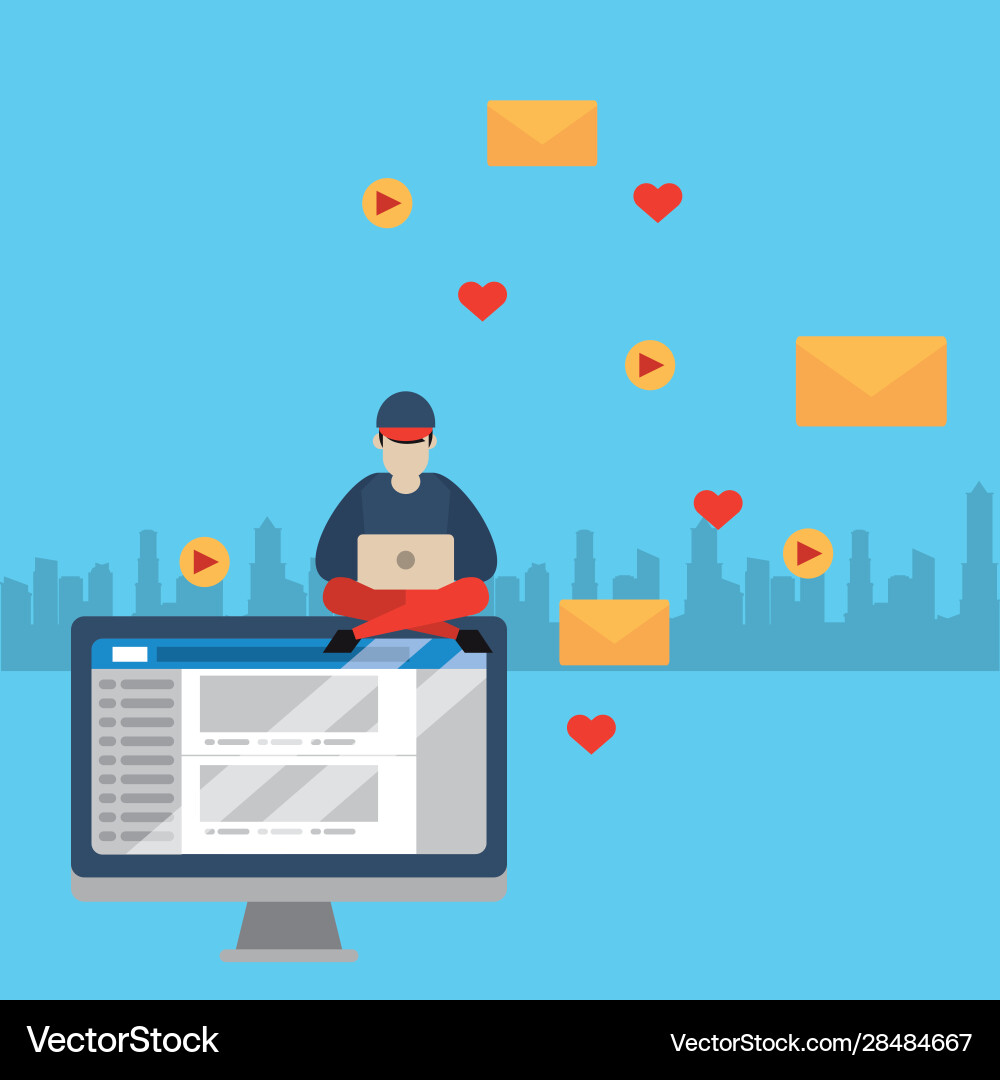 Man using laptop and desktop with social media app vector image