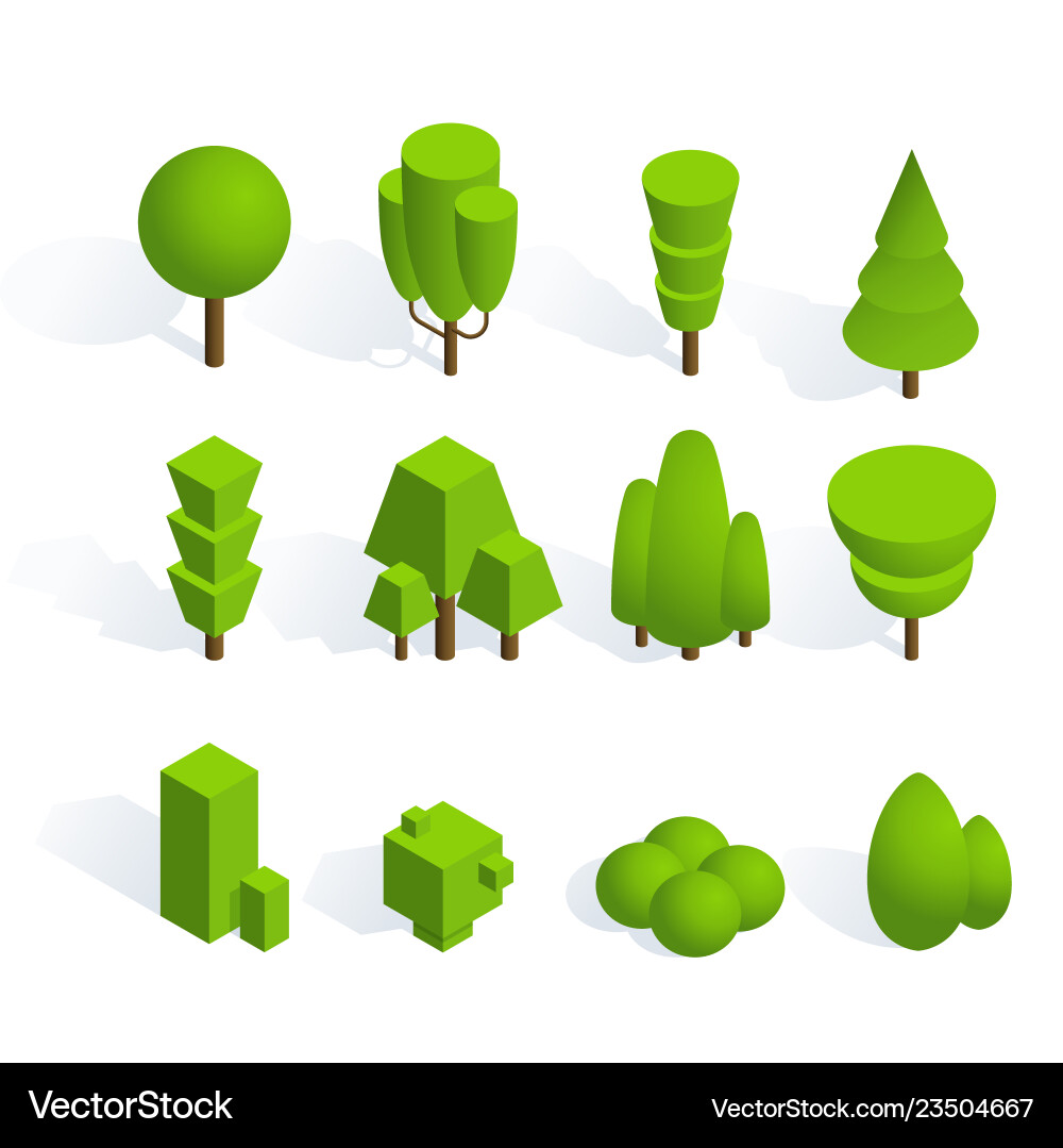 Set of isometric trees and bushes with shadow Set of isometric trees and bushes with shadow vector image