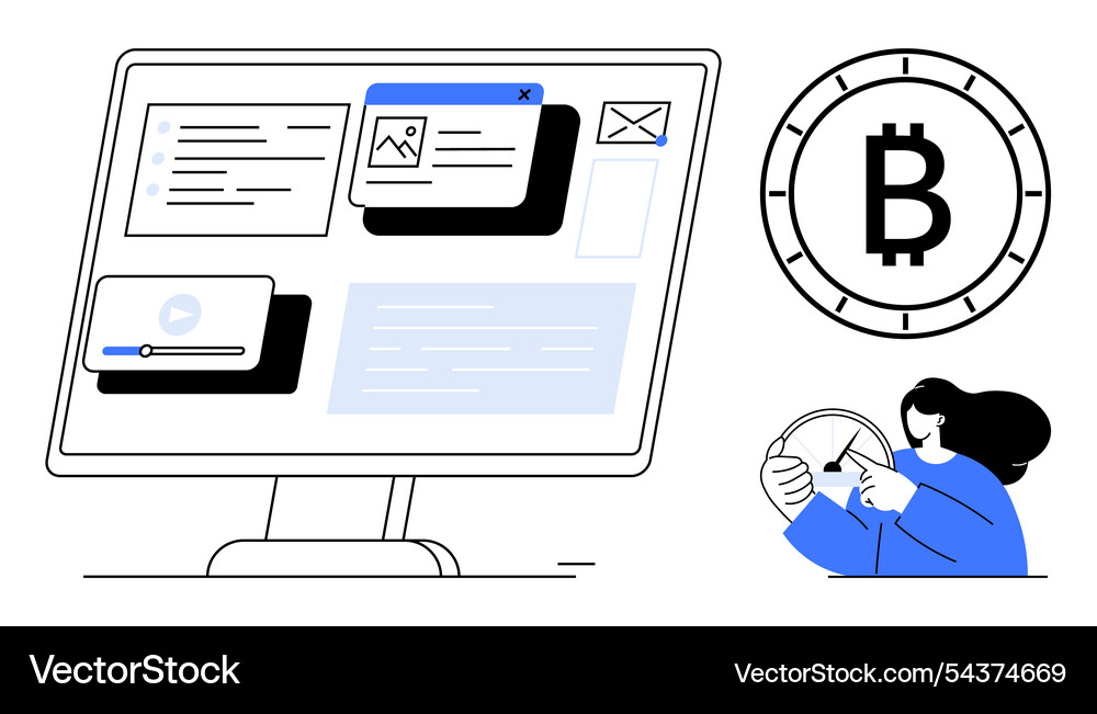 Digital cryptocurrency workflow with computer vector image