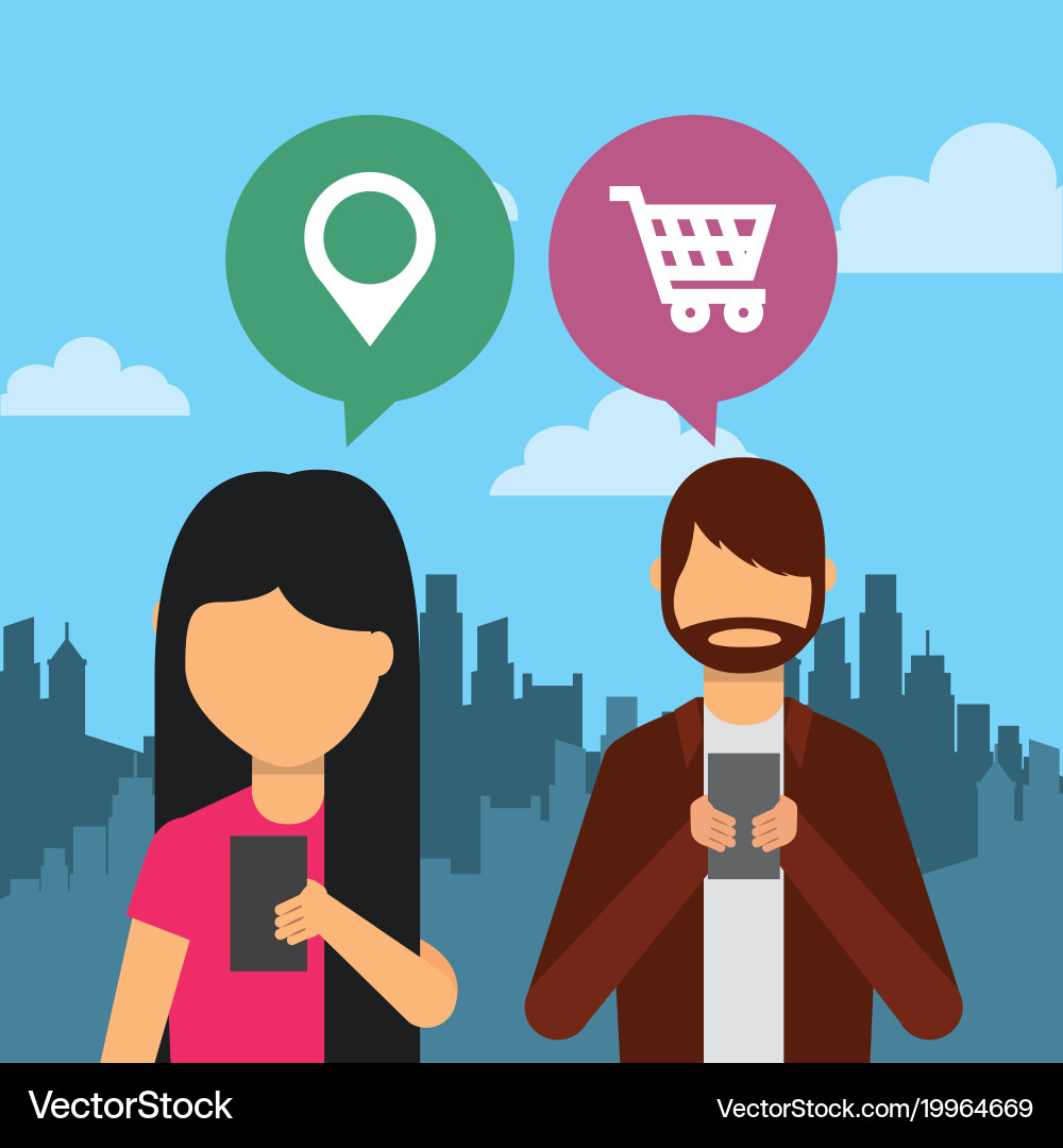 People using smartphone device with speech bubbles Vector Image