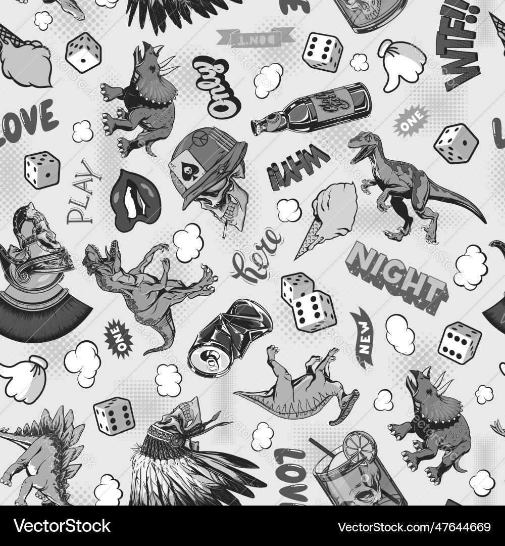 Pop art pattern with dinosaurs skulls dice Pop art pattern with dinosaurs skulls dice vector image