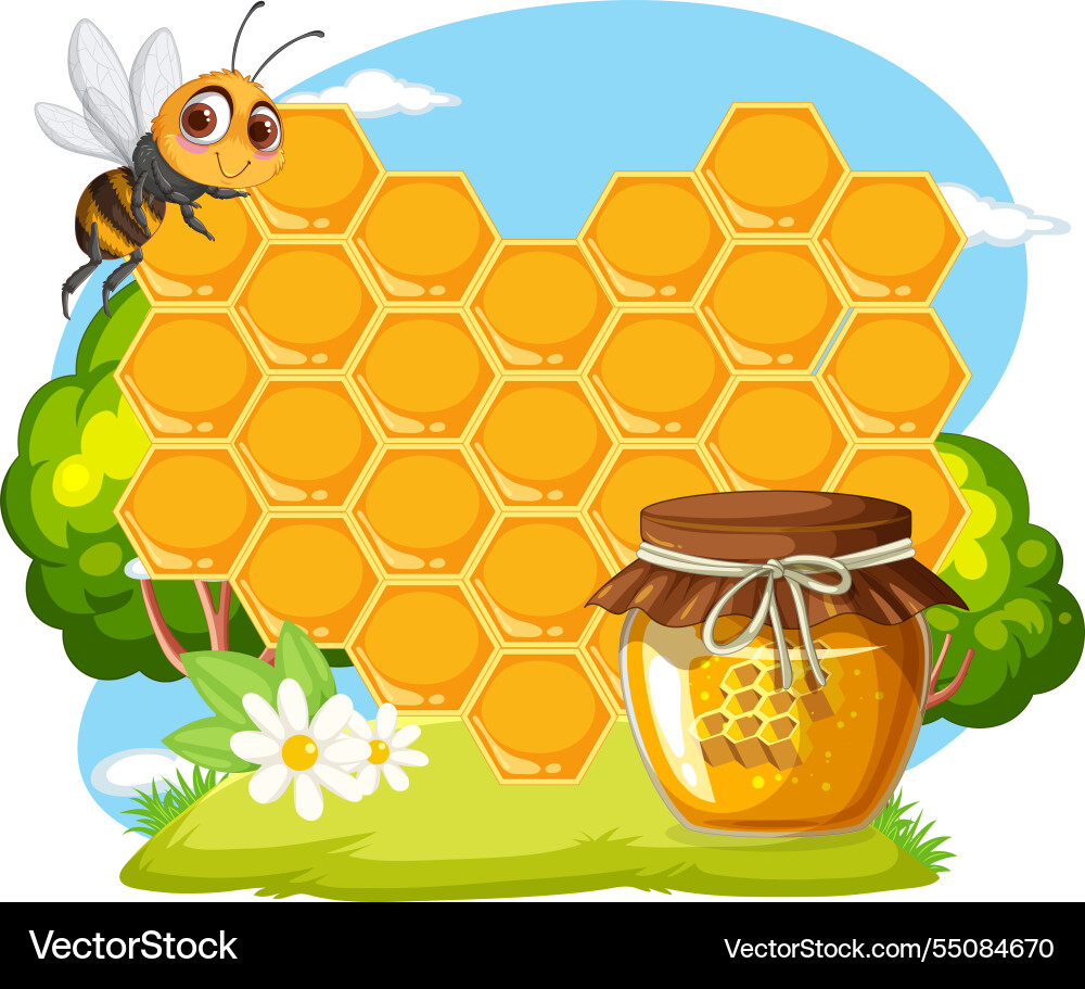 A bee near honeycomb and honey jar outdoors A bee near honeycomb and honey jar outdoors vector image
