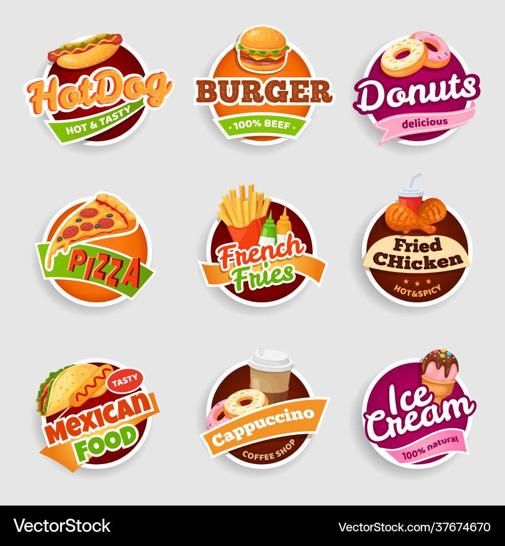 Fast food labels fries burger and pizza chicken Fast food labels fries burger and pizza chicken vector image