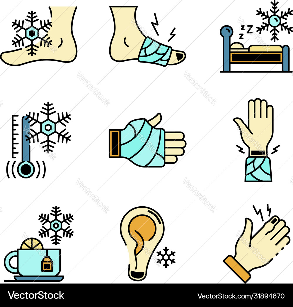 Frostbite icons set line color Frostbite icons set line color Vector Image