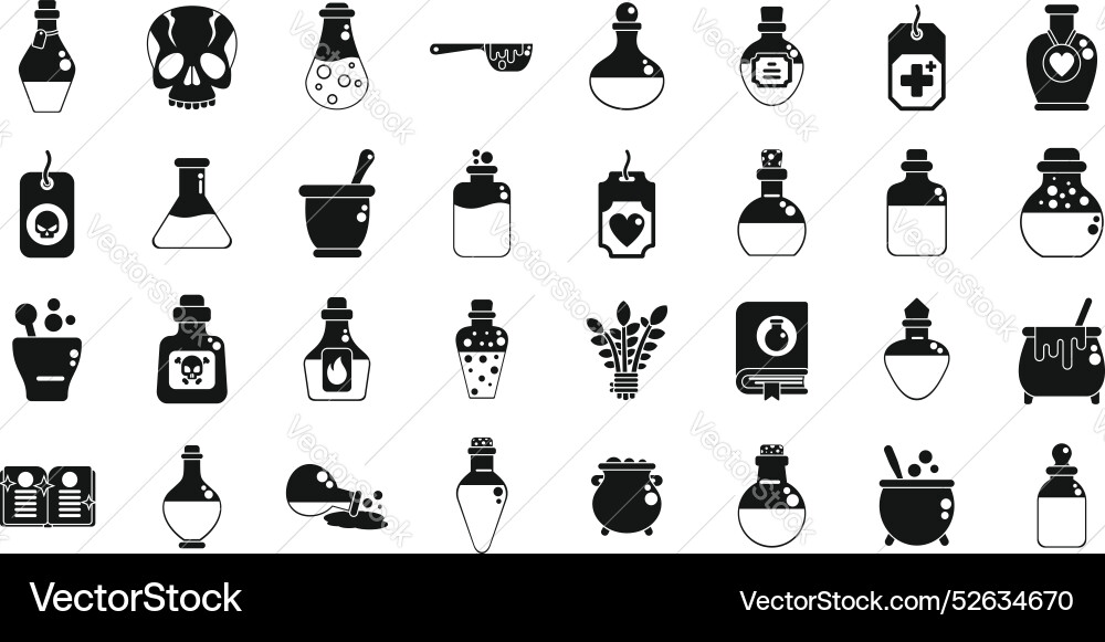 Magic elixir icons set alchemist preparing Magic elixir icons set alchemist preparing vector image