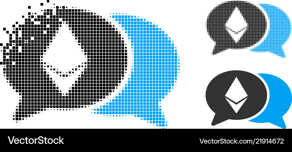 Disintegrating pixelated halftone ethereum chat Disintegrating pixelated halftone ethereum chat vector image