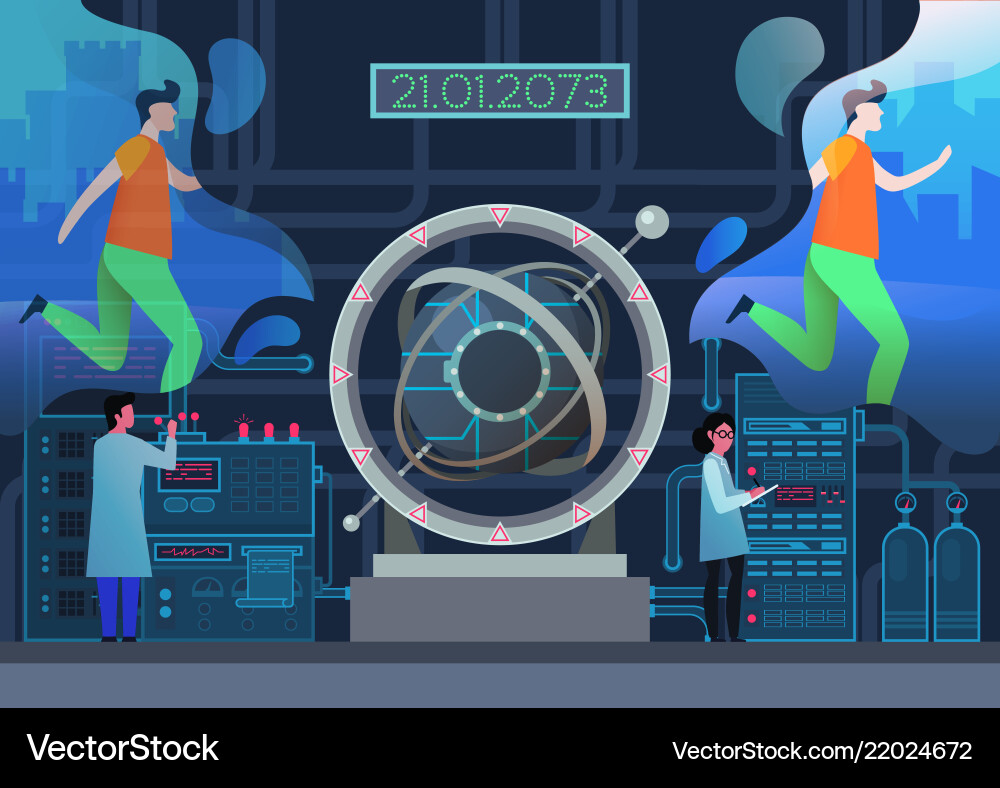 Lab with scientists and time machine portal gate Lab with scientists and time machine portal gate vector image
