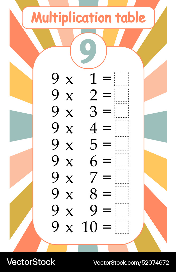 Multiplication table by 9 with a task to consolida Vector Image