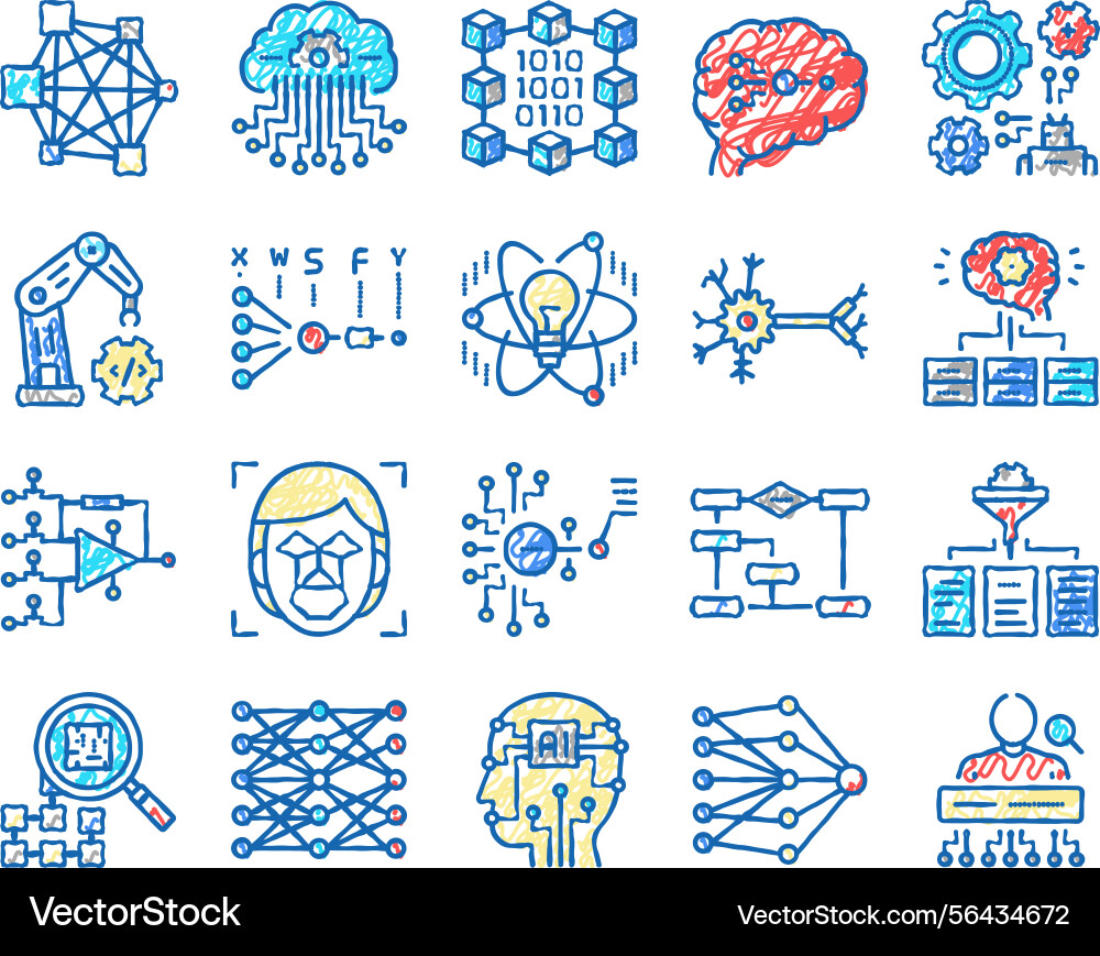 Neural network and ai set icons hand drawn Neural network and ai set icons hand drawn vector image