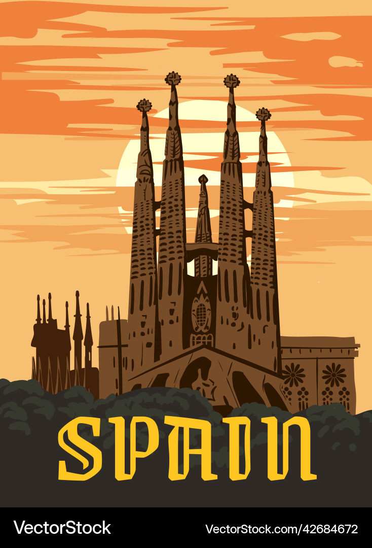 Reisen Poster Spain barcelona vintage sagrada Reisen Poster Spain barcelona vintage sagrada vektorbild