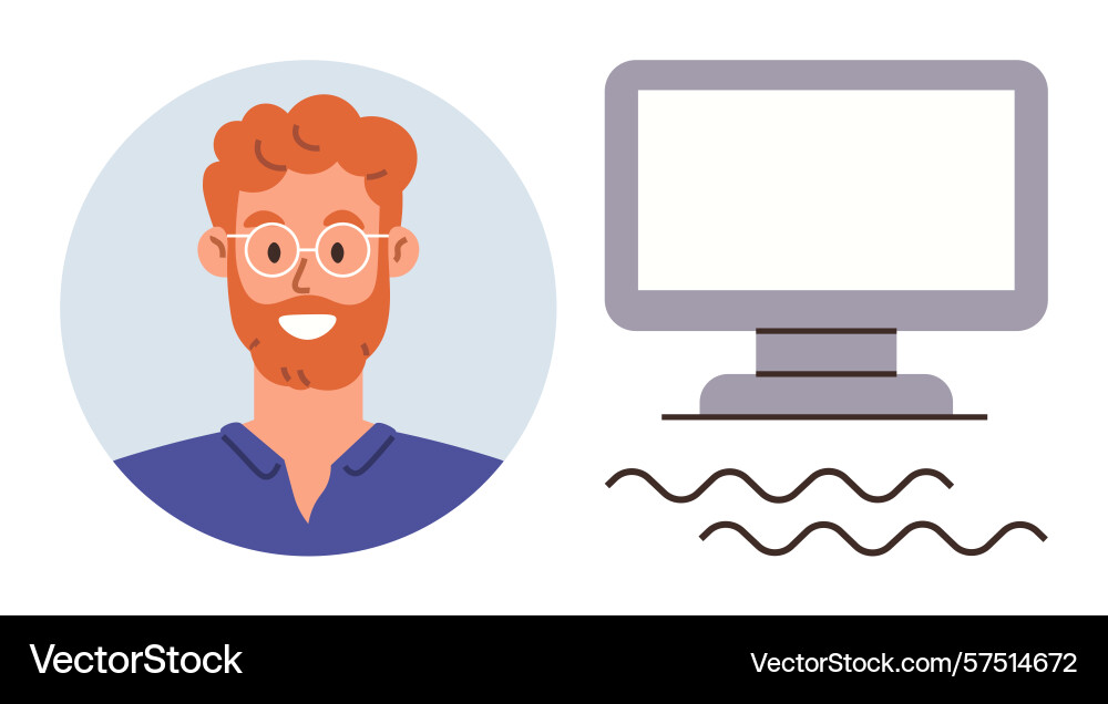 Smiling man with glasses next to desktop computer Smiling man with glasses next to desktop computer vector image