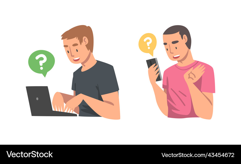 Young man character asking question using internet Young man character asking question using internet vector image