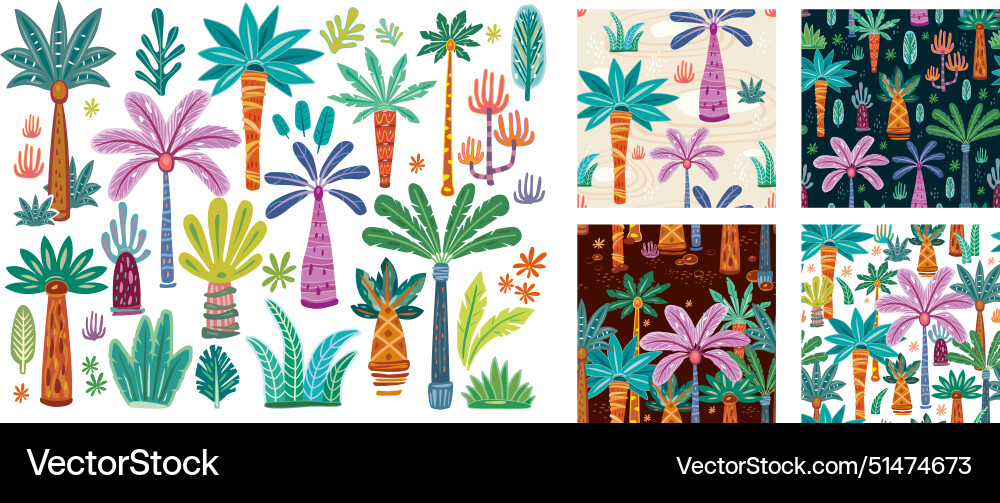 Decorative palms and trees with seamless patterns vector image