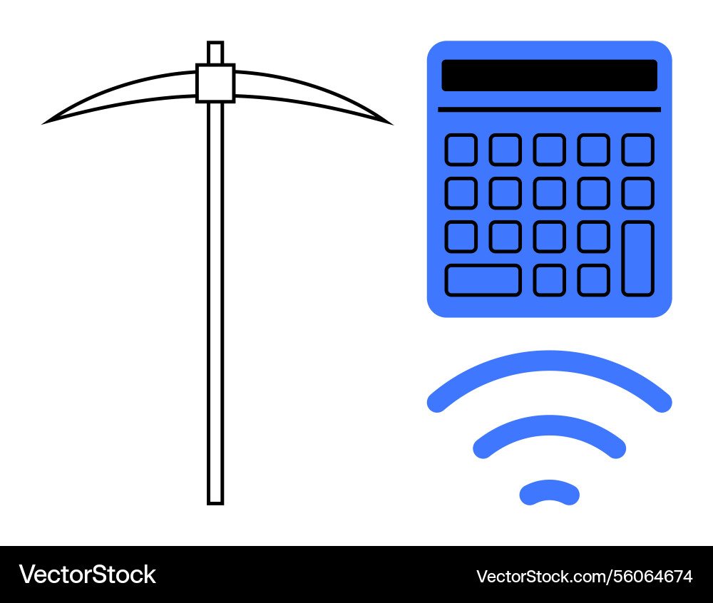 Pickaxe and calculator with wireless signal vector image