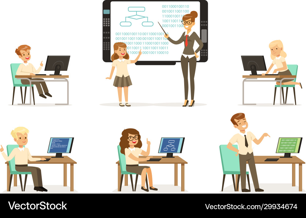 School children at informatics or programming vector image