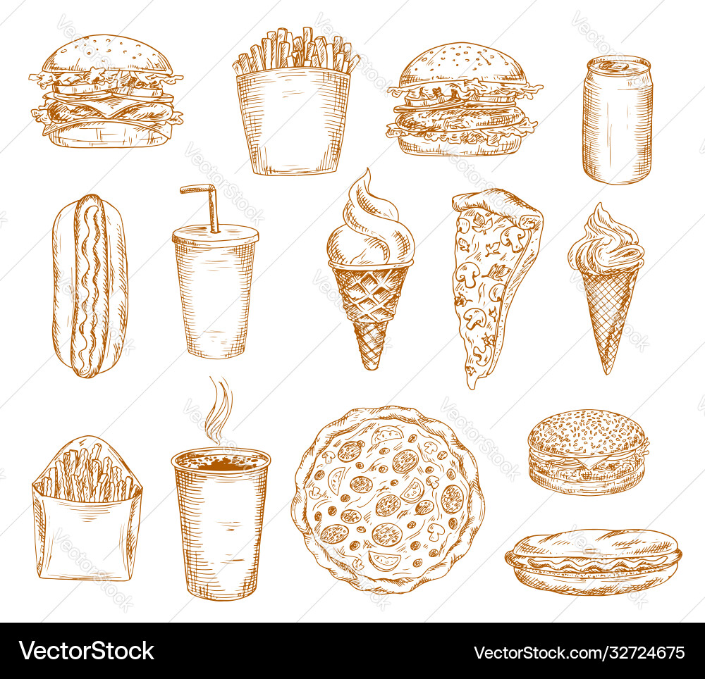 Fast Food Sketch Icons - Burgers & Snacks Vektorbild