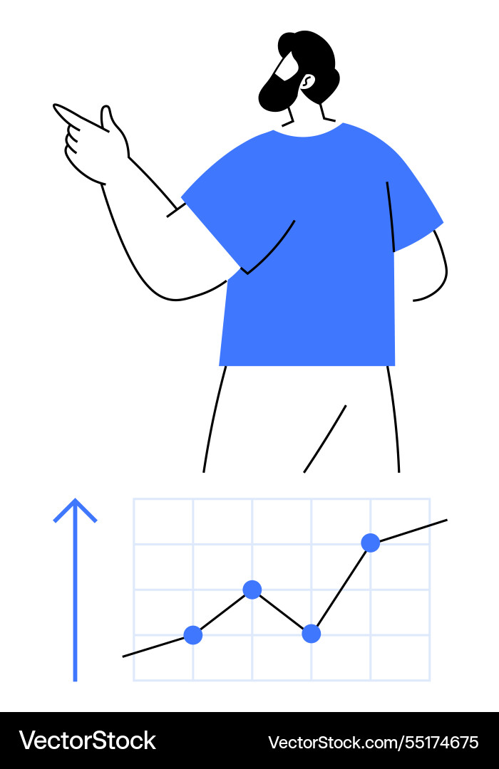 Man pointing while analyzing upward trending graph Man pointing while analyzing upward trending graph vector image
