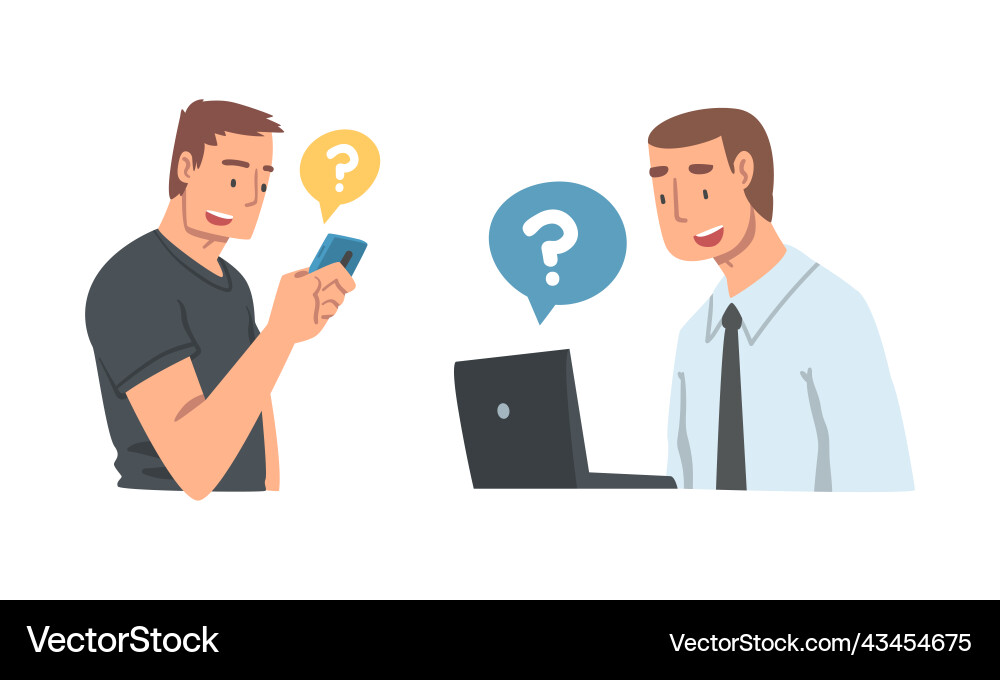 Young man character asking question using internet Young man character asking question using internet vector image