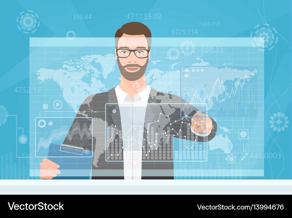 Bearded man touching the computer screen while Bearded man touching the computer screen while vector image